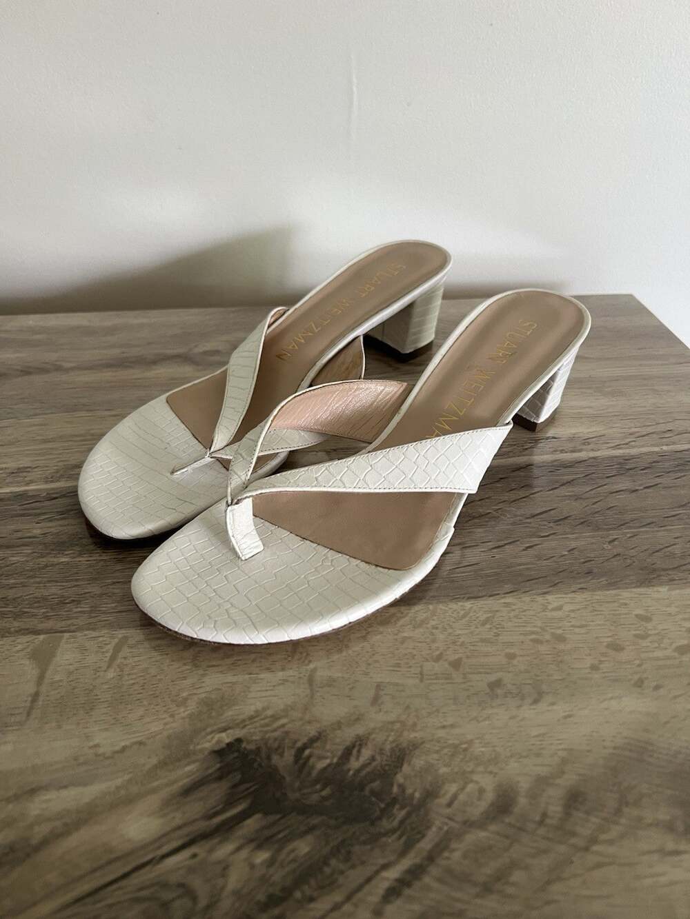 Stuart Weitzman Brigida 50 Slip On Thong Sandals heels White Croc Embossed 7.5